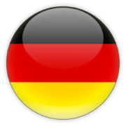A round, glossy icon depicting the German flag with its black, red, and yellow stripes presented on a spherical button.