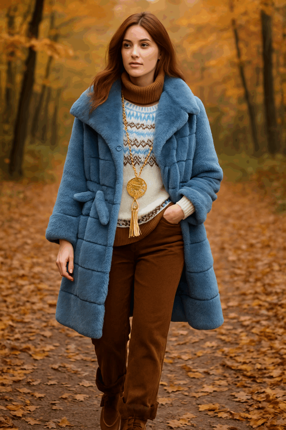 Herfstwandeling In Bos Met Vrouw