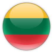 A round, glossy icon with the Lithuanian flag, showcasing horizontal stripes of yellow, green, and red, presented on a spherical button.