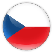 A round icon with the flag of the Czech Republic, featuring two horizontal bands of white and red with a blue triangle on the left side.