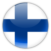 Button with the Finnish flag, potentially indicating immigration services for Finnish nationals by Visa Envoy