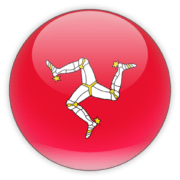 A circular icon with a red background featuring the Triskelion, which is composed of three armored legs with golden spurs, arranged in a star-like pattern with the feet converging at the center, representing the flag of the Isle of Man