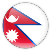 A graphic icon of a round button with the flag of Nepal, featuring crimson red with blue borders and white emblems of the sun and moon.