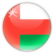 A circular icon with the national flag of Oman, divided horizontally with white at the top, red in the middle, and green at the bottom with a national emblem in the upper left corner.