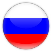 A round badge with the flag of Russia, consisting of three horizontal stripes of equal size with white on the top, blue in the middle, and red on the bottom.