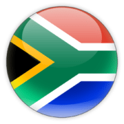 A round icon with the flag of South Africa, featuring a green Y-shape with black and white borders that separate sections of red, blue, and gold, along with a small triangle to the left.