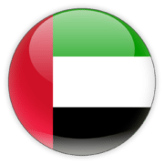 A glossy icon with the flag of the United Arab Emirates, showing vertical stripes of green, white, and black beside a larger red band, presented on a spherical button.